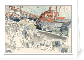 MEMullinArt - Fishing Trawler Along the Pier Notecard